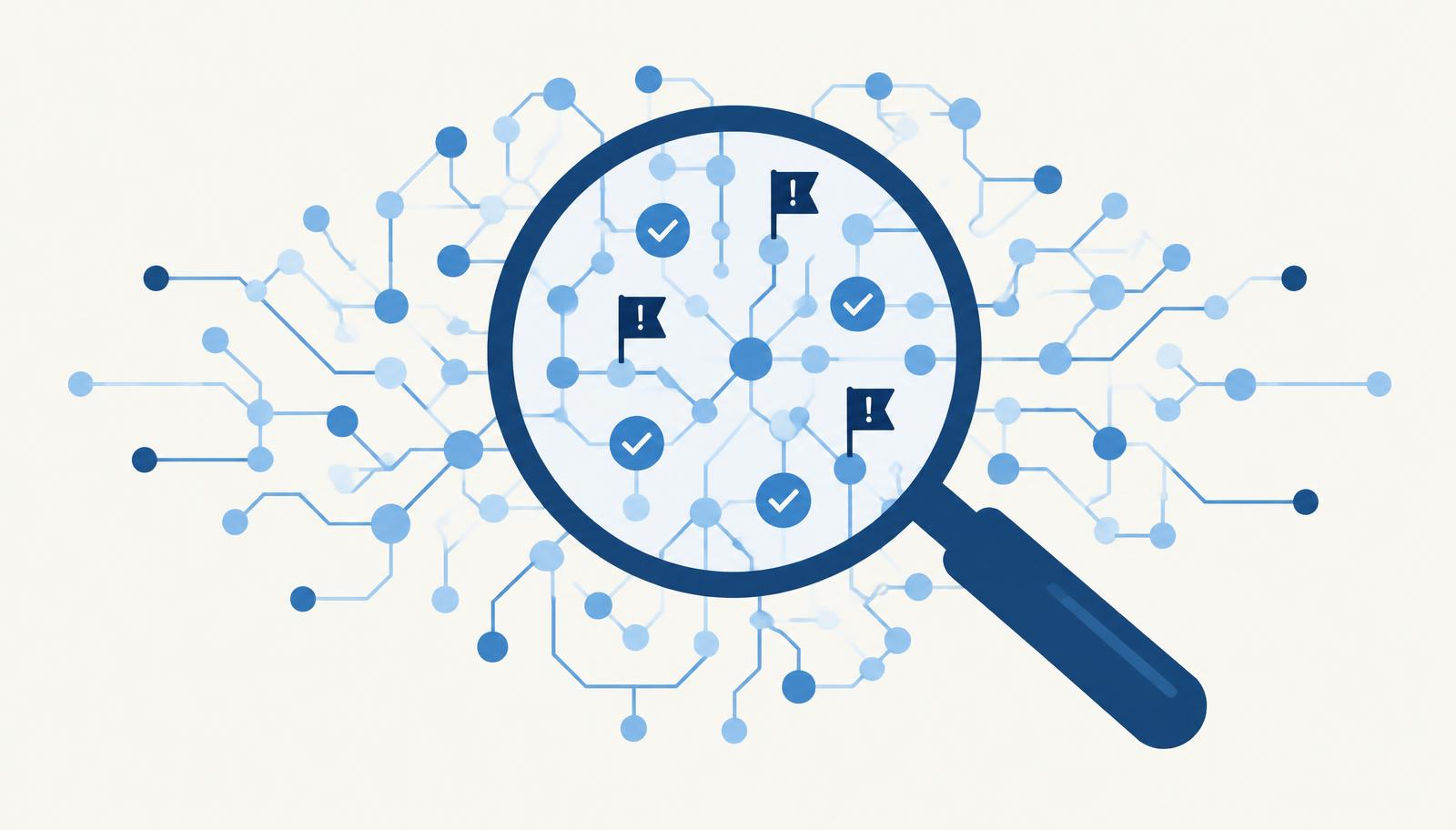 A magnifying glass examining an AI network, revealing checks and warnings