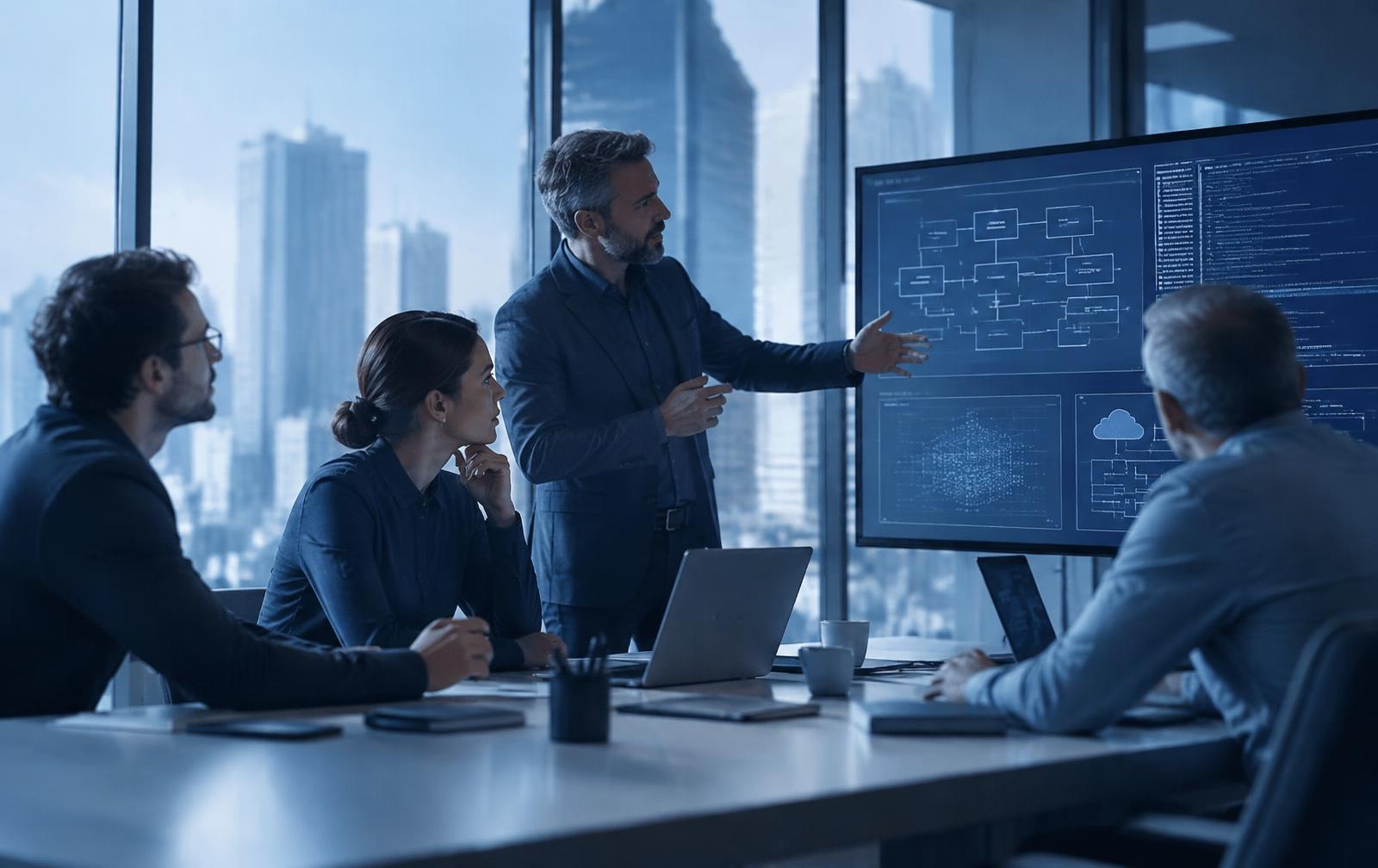 IT professionals reviewing a system architecture together in a modern office